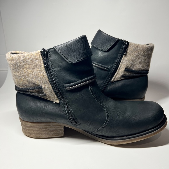 Rieker Fee 93 Woman’s Black Ankle Bootie Foldover Side Tie Zipper Size 41 - Picture 6 of 13